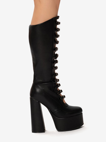 ピンク ニーハイ ブーツ パテント PU アッパー プラットフォーム チャンキー ヒール バックル ディテール セクシー ブーツ