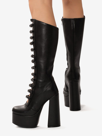 ピンク ニーハイ ブーツ パテント PU アッパー プラットフォーム チャンキー ヒール バックル ディテール セクシー ブーツ