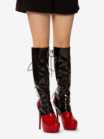 セクシーなニーハイブーツ レディース プラットフォーム バックルディテール レースアップ ハイヒールブーツ