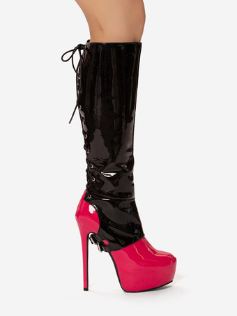 セクシーなニーハイブーツ レディース プラットフォーム バックルディテール レースアップ ハイヒールブーツ