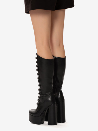 ピンク ニーハイ ブーツ パテント PU アッパー プラットフォーム チャンキー ヒール バックル ディテール セクシー ブーツ