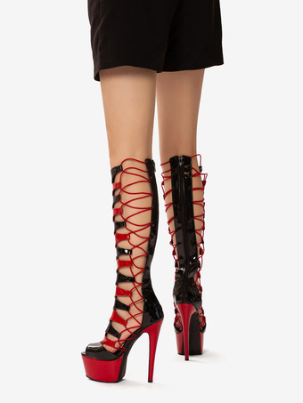 セクシーなハイヒールブーツ ユニセックス プラットフォーム オープントゥ レースアップ サンダルブーツ