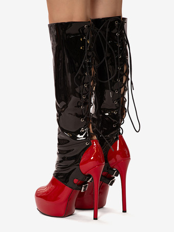 セクシーなニーハイブーツ レディース プラットフォーム バックルディテール レースアップ ハイヒールブーツ