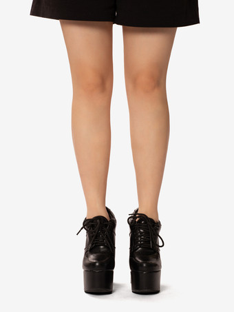 レディース ブラック ハイヒール プラットフォーム ラウンドトゥ レースアップ チャンキーヒール パンプス