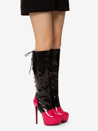 セクシーなニーハイブーツ レディース プラットフォーム バックルディテール レースアップ ハイヒールブーツ