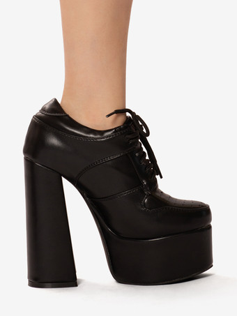 レディース ブラック ハイヒール プラットフォーム ラウンドトゥ レースアップ チャンキーヒール パンプス