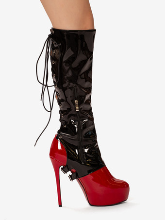 セクシーなニーハイブーツ レディース プラットフォーム バックルディテール レースアップ ハイヒールブーツ