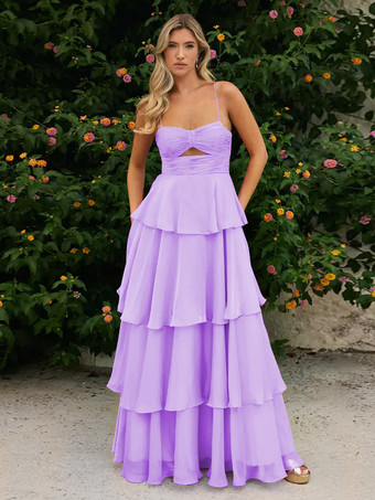 ライラックプロムドレス Aラインデザイン ネックライン シフォン ノースリーブ ティアード ウェディングゲストドレス