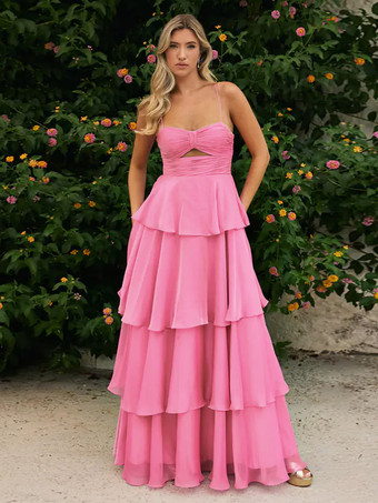 ホットピンクプロムドレス Aラインデザイン ネックライン シフォン ノースリーブ ティアード ウェディングゲストドレス