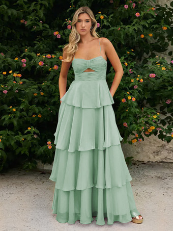 パステルグリーンプロムドレス Aラインデザイン ネックライン シフォン ノースリーブ ティアード ウェディングゲストドレス