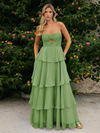 セージグリーンプロムドレス Aラインデザイン ネックライン シフォン ノースリーブ ティアード ウェディングゲストドレス