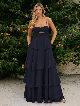 ダークネイビープロムドレス Aラインデザイン ネックライン シフォン ノースリーブ ティアード ウェディングゲストドレス