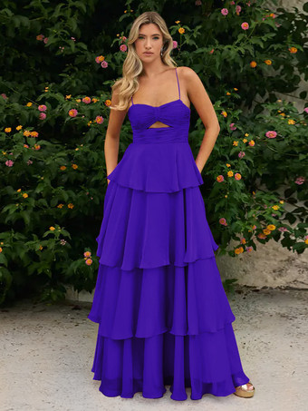 ロイヤルブループロムドレス Aラインデザイン ネックライン シフォン ノースリーブ ティアード ウェディングゲストドレス