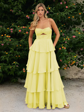 スイセン色プロムドレス Aラインデザイン ネックライン シフォン ノースリーブ ティアード ウェディングゲストドレス