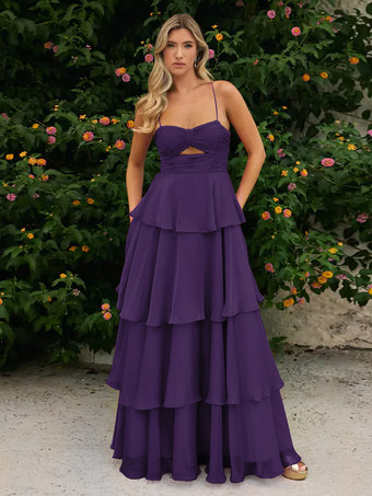 プラムプロムドレス Aラインデザイン ネックライン シフォン ノースリーブ ティアード ウェディングゲストドレス