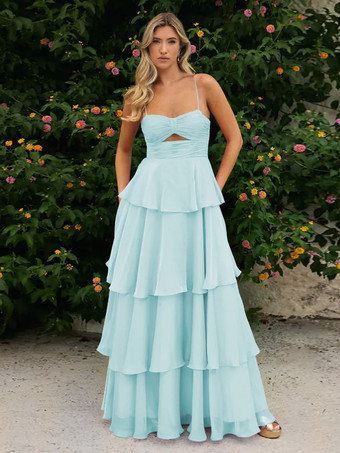 ミントグリーンプロムドレス Aラインデザイン ネックライン シフォン ノースリーブ ティアード ウェディングゲストドレス