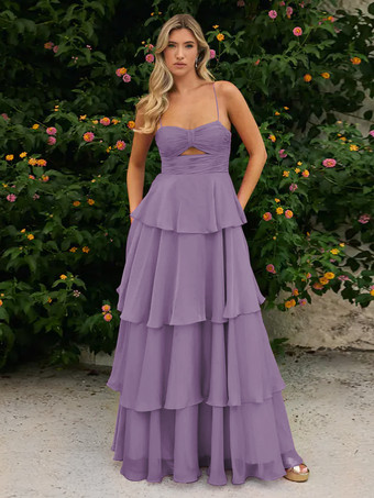 パープル プロムドレス Aラインデザイン ネックライン シフォン ノースリーブ ティアード ウェディングゲストドレス