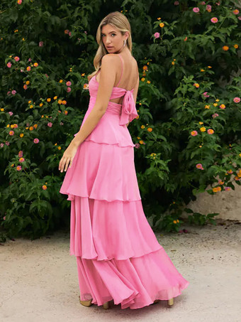 プロムドレス Aラインデザイン ネックライン シフォン ノースリーブ ティアード ウェディングゲストドレス