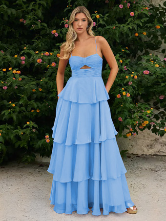 スカイブルー プロムドレス Aラインデザイン ネックライン シフォン ノースリーブ ティアード ウェディングゲストドレス