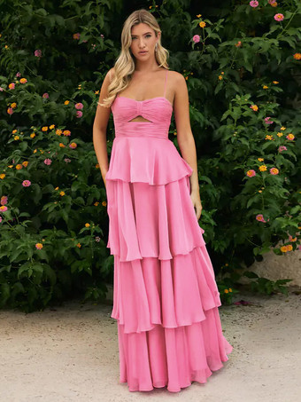 プロムドレス Aラインデザイン ネックライン シフォン ノースリーブ ティアード ウェディングゲストドレス