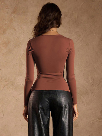 Top aderente a maniche lunghe con scollo quadrato marrone e volant per donna 2026