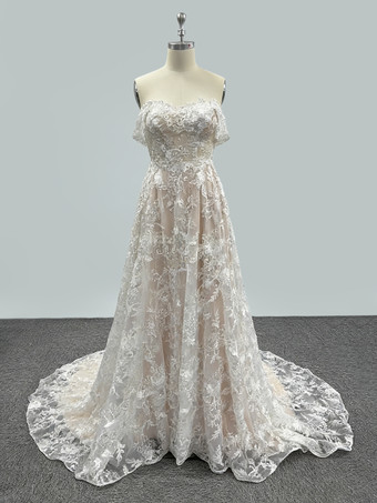 ボヘミアン ウェディングドレス レース レース Aライン コート トレイン ナチュラル ウエスト バックレス ノースリーブ 恋人ネック アイボリー