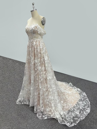 ボヘミアン ウェディングドレス レース レース Aライン コート トレイン ナチュラル ウエスト バックレス ノースリーブ 恋人ネック アイボリー