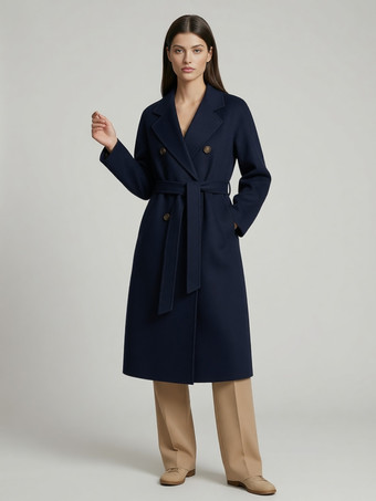 Manteau trapèze vintage en laine et cachemire mélangés avec revers classique et ceinture pour femme (collection 2026)