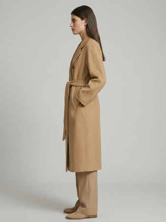 Manteau trapèze vintage en laine et cachemire mélangés avec revers classique et ceinture pour femme (collection 2026)