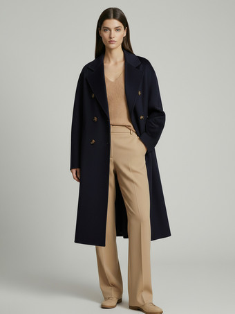 Bleu MarineManteau trapèze vintage en laine et cachemire mélangés avec revers classique et ceinture pour femme (collection 2026)