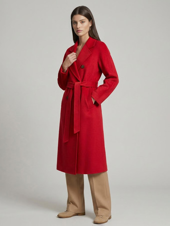 rouge Manteau trapèze vintage en laine et cachemire mélangés avec revers classique et ceinture pour femme (collection 2026)