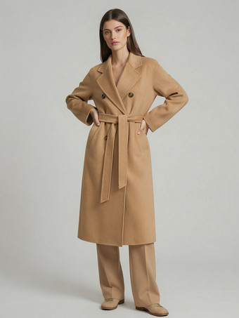 Manteau trapèze vintage en laine et cachemire mélangés avec revers classique et ceinture pour femme (collection 2026)