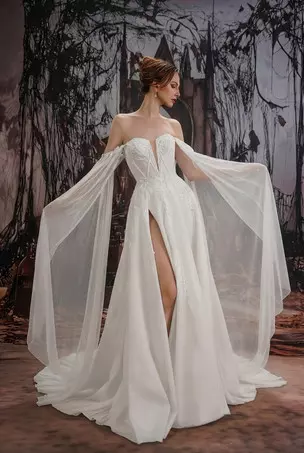 is ankle length dresses formal A Line Strapless Long Sleeves Satin Elegant Wedding Dress QW2425 main image 0