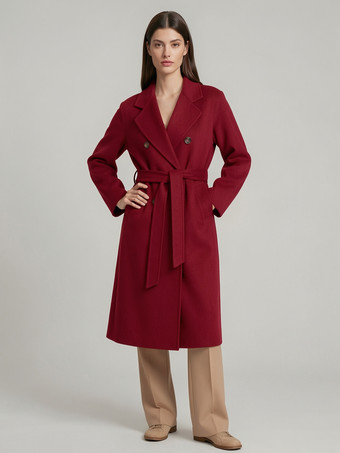 BordeauxManteau trapèze vintage en laine et cachemire mélangés avec revers classique et ceinture pour femme (collection 2026)