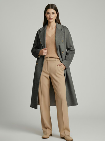 GrisManteau trapèze vintage en laine et cachemire mélangés avec revers classique et ceinture pour femme (collection 2026)