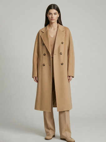 Manteau trapèze vintage en laine et cachemire mélangés avec revers classique et ceinture pour femme (collection 2026)