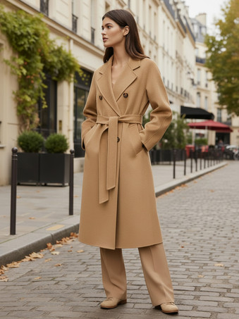 Manteau trapèze vintage en laine et cachemire mélangés avec revers classique et ceinture pour femme (collection 2026)