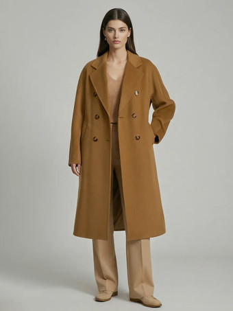 MarronManteau trapèze vintage en laine et cachemire mélangés avec revers classique et ceinture pour femme (collection 2026)