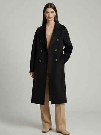 noir Manteau trapèze vintage en laine et cachemire mélangés avec revers classique et ceinture pour femme (collection 2026)