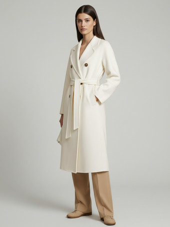 Manteau trapèze vintage en laine et cachemire mélangés avec revers classique et ceinture pour femme (collection 2026)