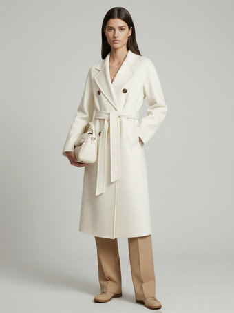 blanc Manteau trapèze vintage en laine et cachemire mélangés avec revers classique et ceinture pour femme (collection 2026)