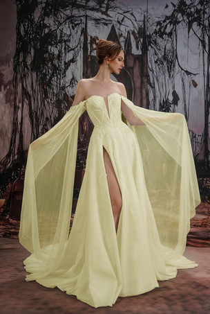 スイセン色ゴシックブラックウェディングドレス、レースAライン、ロングスリーブ、ナチュラルウエスト、ティアードトレーン付きブライダルドレス