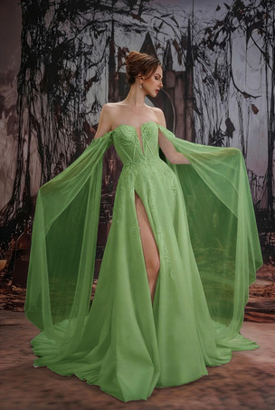 セージグリーンゴシックブラックウェディングドレス、レースAライン、ロングスリーブ、ナチュラルウエスト、ティアードトレーン付きブライダルドレス