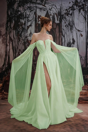 パステルグリーンゴシックブラックウェディングドレス、レースAライン、ロングスリーブ、ナチュラルウエスト、ティアードトレーン付きブライダルドレス