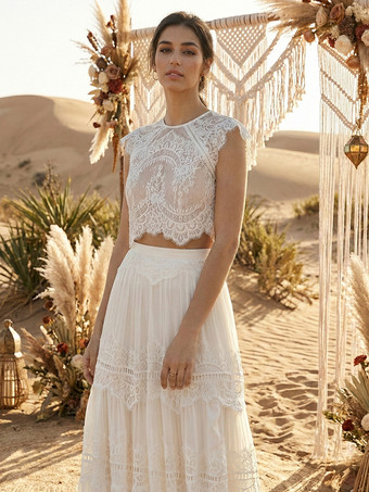 Vintage Inspired Beach Wedding Dress Boho Lace A-Line Two-piece Wedding Dress Jewel Neckline Short Sleeves Romantic Flowing Train Bridal Dress