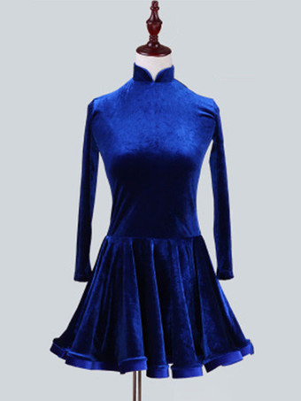ディープブルーラテンダンス衣装　パフォーマンス　ラテンダンサー　無地　韓国ビロード　ガールズ用　ドレス　