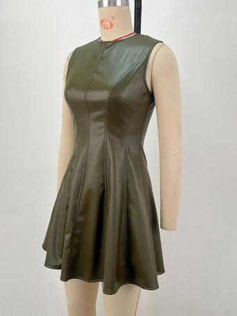 ノースリーブ オリーブ フェイクレザー パネル プリーツ フィット＆フレア ミニドレス レディース 2026