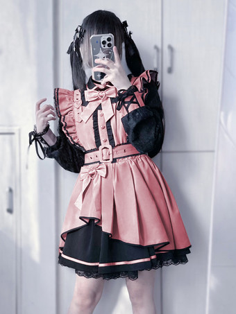 ピンク  ゴシックロリータドレス フリル 蝶結び レース イレギュラードレス 6色 長袖ドレス