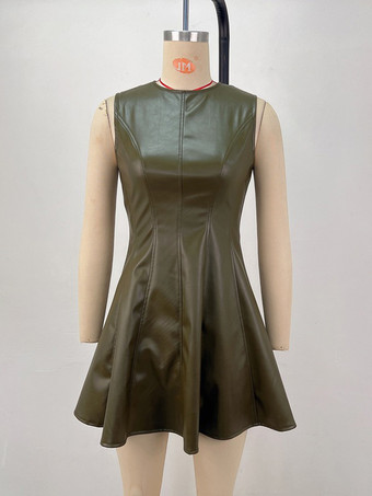 ノースリーブ オリーブ フェイクレザー パネル プリーツ フィット＆フレア ミニドレス レディース 2026