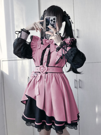 パープル   ゴシックロリータドレス フリル 蝶結び レース イレギュラードレス 6色 長袖ドレス